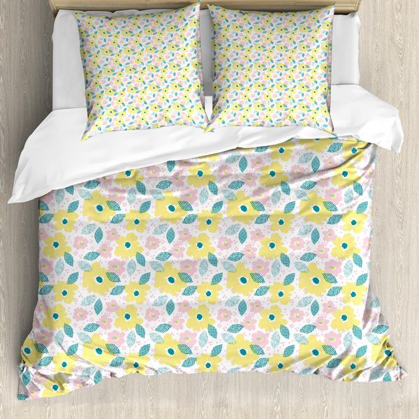 Abakuhaus Set Copripiumino Per Letti Singoli, Motivo Floreale Primaverile Pastello, Antiacaro, Adatto A Chi Soffre Di Allergie, Con Federa, 155 Cm X 220 Cm - 80 X 80 Cm, Giallo Pastello, Verde Acqua, Rosa-image