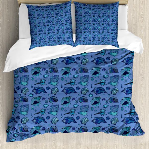Abakuhaus Set Copripiumino Nautico Per Letti Singoli, Motivo Con Conchiglie Assortite, Antiacaro, Adatto A Chi Soffre Di Allergie, Con Federa, 155 Cm X 220 Cm - 80 X 80 Cm, Acquamarina Lavanda Scuro-image