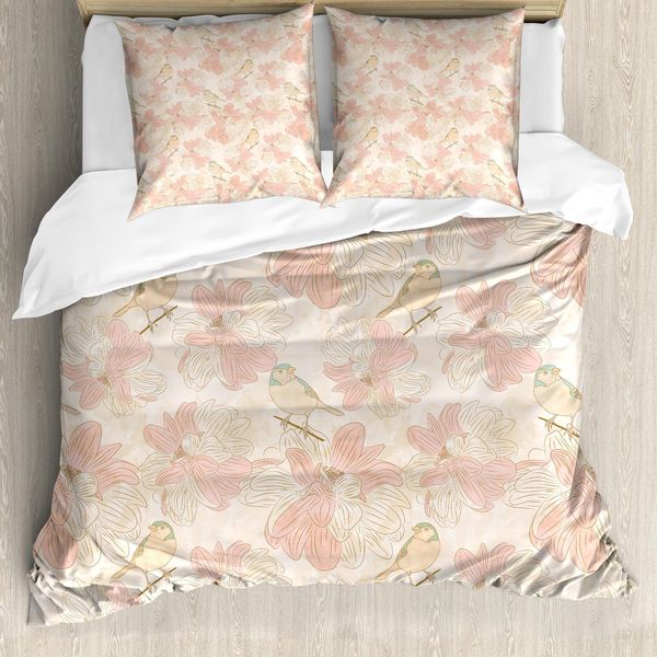 Abakuhaus Set Copripiumino Botanico Per Letti Singoli, Uccellini Su Fiori, Antiacaro, Adatto A Chi Soffre Di Allergie, Con Federa, 155 Cm X 220 Cm - 80 X 80 Cm, Blush Peach-image