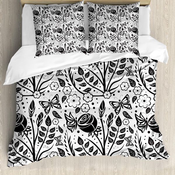 Set Copripiumino Abakuhaus Per Letti Singoli, Farfalla Monocromatica Rosa, Antiacaro, Adatto A Chi Soffre Di Allergie, Con Federa, 155 Cm X 220 Cm - 80 X 80 Cm, Grigio Antracite E Bianco-image