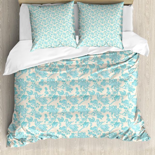 Abakuhaus Set Copripiumino Per Letti Singoli, Oriental Blooming, Antiacaro, Adatto A Chi Soffre Di Allergie, Con Federa, 155 Cm X 220 Cm - 80 X 80 Cm, Champagne Azzurro Pallido-image