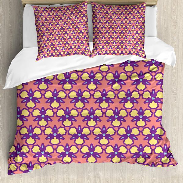 Abakuhaus Set Copripiumino Astratto Per Letti Singoli, Motivi Triangolari Retrò, Antiacaro, Adatto A Chi Soffre Di Allergie, Con Federa, 200 Cm X 200 Cm - 80 X 80 Cm, Corallo Giallo Pastello-image