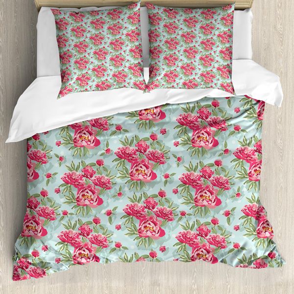 Abakuhaus Set Copripiumino Per Letti Singoli, Blooming Vendemmia-Giardino-Arte, Antiacaro Adatto A Chi Soffre Di Allergie Con Federa, 155 Cm X 220 Cm - 80 X 80 Cm, Blu Rosa-image