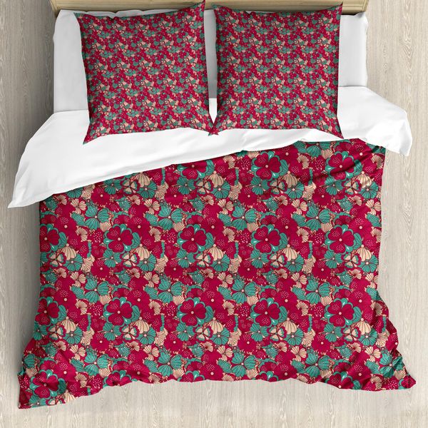 Abakuhaus Set Copripiumino Per Letti Singoli, Fiori Folcloristici, Antiacaro, Adatto A Chi Soffre Di Allergie, Con Federa, 200 Cm X 200 Cm - 80 X 80 Cm, Pesca Corallo Scuro-image