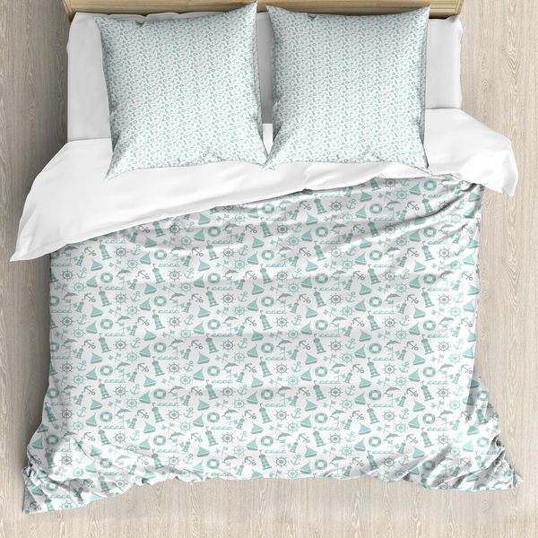 Set Copripiumino Abakuhaus Marine Per Letti Singoli, Tonalità Pastello Nautiche, Antiacaro, Adatto A Chi Soffre Di Allergie, Con Federa, 200 Cm X 200 Cm - 80 X 80 Cm, Pale Seafoam E Bianco-image