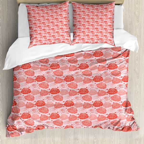 Abakuhaus Set Copripiumino Romantico Per Letti Singoli, Rose E Cuoricini, Antiacaro, Adatto A Chi Soffre Di Allergie, Con Federa, 200 Cm X 200 Cm - 80 X 80 Cm, Rosa Corallo-image
