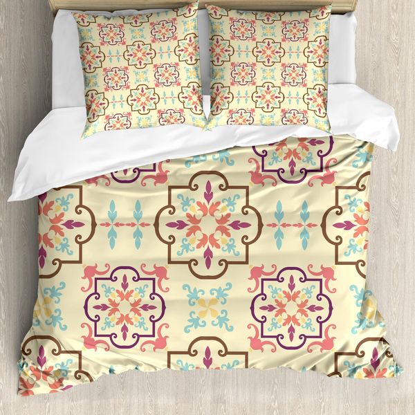 Abakuhaus Set Copripiumino Geometrico Per Letti Singoli, Design Floreale, Antiacaro, Adatto A Chi Soffre Di Allergie, Con Federa, 155 Cm X 220 Cm - 80 X 80 Cm, Color Crema E Multicolore-image