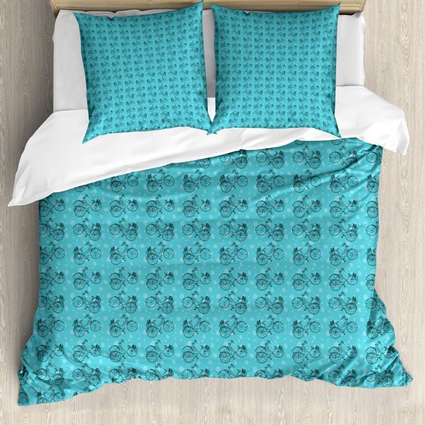 Set Copripiumino Abakuhaus Per Letti Singoli, Motivo Vintage Con Biciclette, Antiacaro E Anallergico, Con Federa, 155 Cm X 220 Cm - 80 X 80 Cm, Acquamarina Chiaro-image