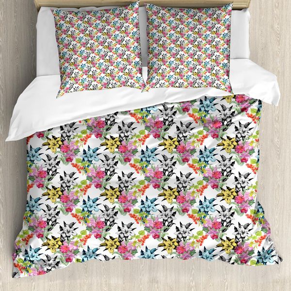 Abakuhaus Set Copripiumino Per Letti Singoli, Narcisi Tropicali Colorati, Antiacaro, Adatto A Chi Soffre Di Allergie, Con Federa, 155 Cm X 220 Cm - 80 X 80 Cm, Multicolore-image