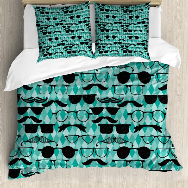Set Copripiumino Abakuhaus Hipster Per Letti Singoli, Baffi E Occhiali Manly, Antiacaro, Adatto A Chi Soffre Di Allergie, Con Federa, 200 Cm X 200 Cm - 80 X 80 Cm, Seafoam Coke Grey-image