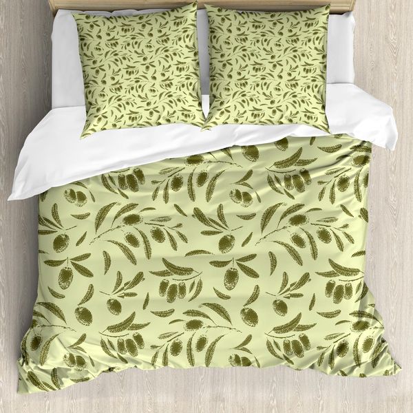 Abakuhaus Set Copripiumino Botanico Per Letti Singoli, Stile Inciso Olive Leaf, Antiacaro, Adatto A Chi Soffre Di Allergie, Con Federa, 200 Cm X 200 Cm - 80 X 80 Cm, Verde Pastello Verde Militare-image