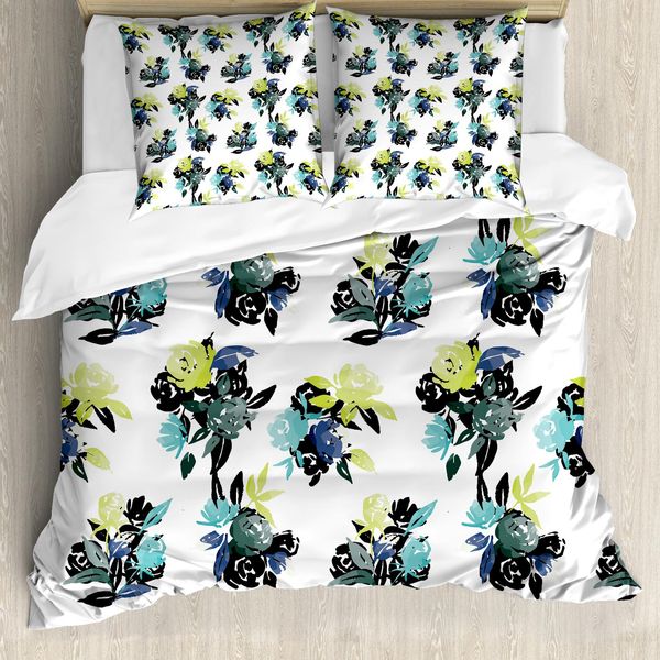 Set Copripiumino Per Letto Singolo Abakuhaus, Acquerello, Tonalità Fredde Wild Roses, Antiacaro, Adatto A Chi Soffre Di Allergie, Con Federa, 155 Cm X 220 Cm - 80 X 80 Cm, Multicolore-image