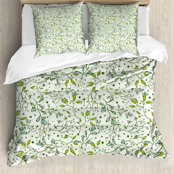 Abakuhaus Set Copripiumino Botanico Per Letti Singoli, Motivi Primaverili Del Bosco, Antiacaro, Adatto A Chi Soffre Di Allergie, Con Federa, 155 Cm X 220 Cm - 80 X 80 Cm, Verde Pallido-image