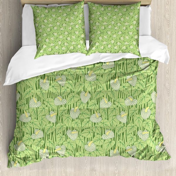 Abakuhaus Set Copripiumino Botanico Per Letti Singoli, Fiori Di Anthurium Delicati, Antiacaro, Adatto A Chi Soffre Di Allergie, Con Federa, 155 Cm X 220 Cm - 80 X 80 Cm, Verde Pallido-image