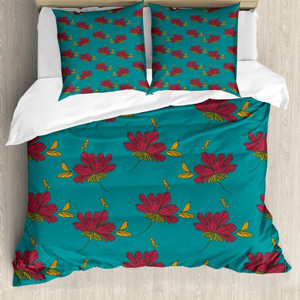 Abakuhaus Set Copripiumino Per Letti Singoli, Motivo Floreale Autunnale, Antiacaro E Anallergico, Con Federa, 200 Cm X 200 Cm - 80 X 80 Cm, Verde Acqua E Rosa Scuro-image