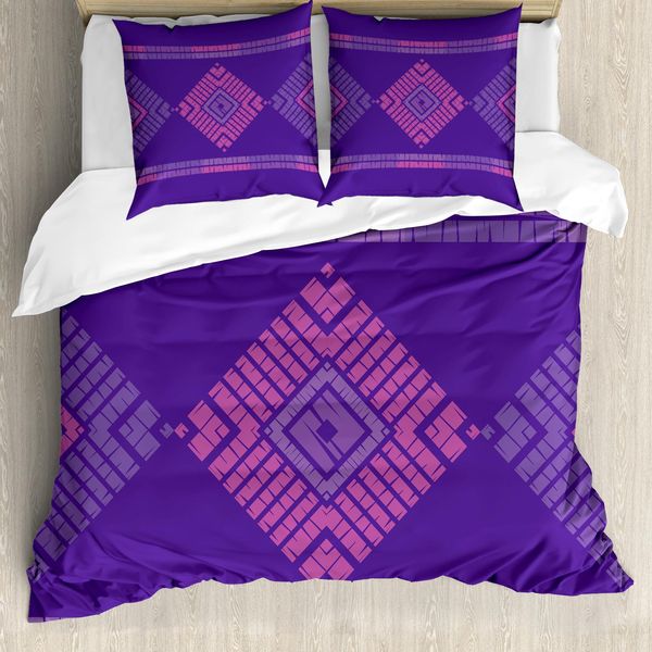 Set Copripiumino Abakuhaus Per Letti Singoli, Tonalità Creative Squares, Antiacaro, Adatto A Chi Soffre Di Allergie, Con Federa, 155 Cm X 220 Cm - 80 X 80 Cm, Indaco Rosa-image