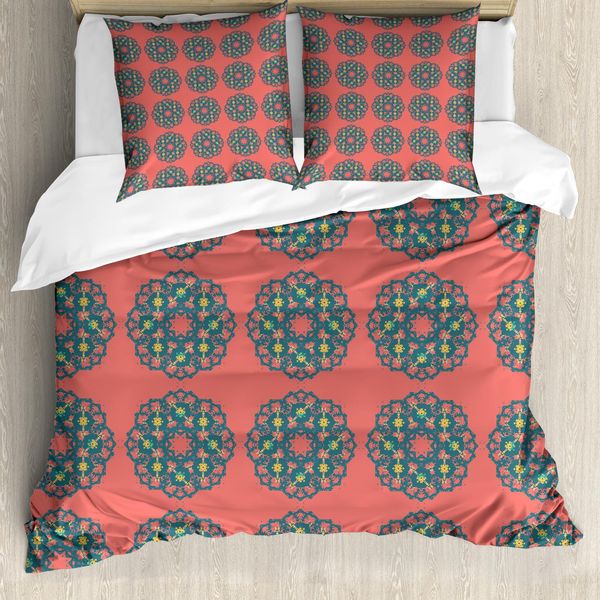 Abakuhaus Set Copripiumino Geometrico Per Letti Singoli, Motivo Floreale, Antiacaro, Adatto A Chi Soffre Di Allergie, Con Federa, 155 Cm X 220 Cm - 80 X 80 Cm, Salmone Verde Acqua Scuro-image