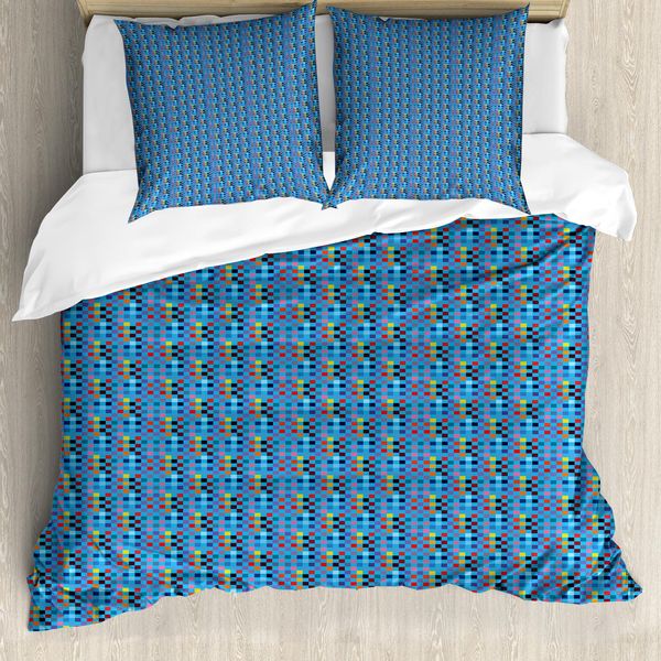 Set Copripiumino Abakuhaus Per Letti Singoli, Rettangoli Astratti Moderni, Antiacaro, Adatto A Chi Soffre Di Allergie, Con Federa, 155 Cm X 220 Cm - 80 X 80 Cm, Blu Cielo Profondo Multicolore-image