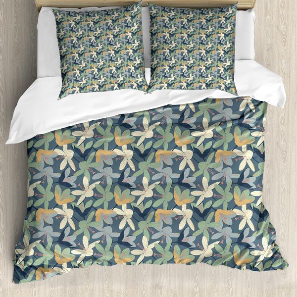 Set Copripiumino Abakuhaus Per Letti Singoli, Pastellkunst Krokusse Blossom, Antiacaro, Adatto A Chi Soffre Di Allergie, Con Federa, 155 Cm X 220 Cm - 80 X 80 Cm, Blu Ardesia Multicolore-image