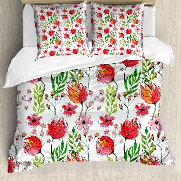 Abakuhaus Set Copripiumino Per Letto Singolo, Fiori E Foglie Scarabocchiati, Antiacaro, Adatto A Chi Soffre Di Allergie, Con Federa, 155 Cm X 220 Cm - 80 X 80 Cm, Rosa-Verde-image