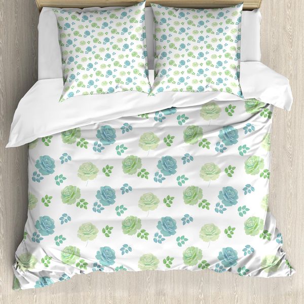 Abakuhaus Set Copripiumino Per Letti Singoli, Fiori E Foglie Di Rosa Artificiali, Antiacaro, Adatto A Chi Soffre Di Allergie, Con Federa, 200 Cm X 200 Cm - 80 X 80 Cm, Verde Ardesia-Blu-image