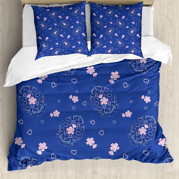 Abakuhaus Set Copripiumino Per Letti Singoli, Uova Di Pasqua, Cuori Floreali, Antiacaro, Adatto A Chi Soffre Di Allergie, Con Federa, 155 Cm X 220 Cm - 80 X 80 Cm, Viola Rosa Baby-image