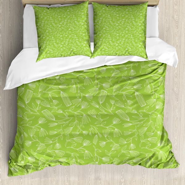 Abakuhaus Set Copripiumino Per Letti Singoli, Motivi Floreali Semplici, Antiacaro E Anallergico Con Federa, 155 Cm X 220 Cm - 80 X 80 Cm, Verde Lime E Bianco-image
