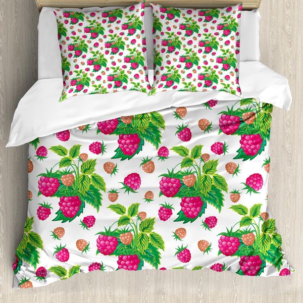 Abakuhaus Set Copripiumino Per Letti Singoli, Lamponi E Foglie Verdi, Antiacaro, Adatto A Chi Soffre Di Allergie, Con Federa, 155 Cm X 220 Cm - 80 X 80 Cm, Verde Magenta-image