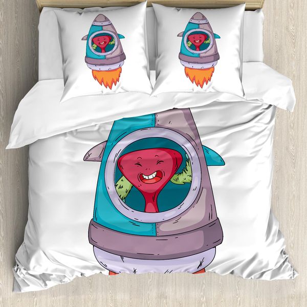 Abakuhaus Set Copripiumino Extraterrestre Per Letti Singoli, Creatura In Un Razzo Spaziale, Antiacaro, Adatto A Chi Soffre Di Allergie, Con Federa, 155 Cm X 220 Cm - 80 X 80 Cm, Multicolore-image