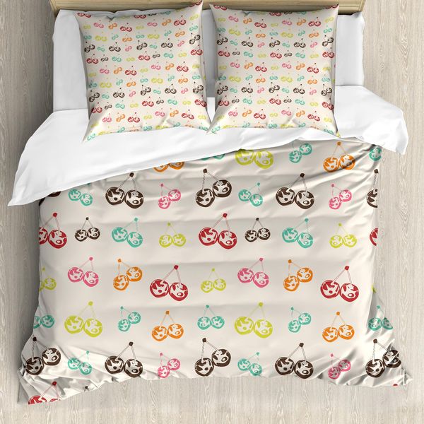 Abakuhaus Set Copripiumino Ciliegia Per Letti Singoli, Alimenti Biologici Freschi E Colorati, Antiacaro, Adatto A Chi Soffre Di Allergie, Con Federa, 155 Cm X 220 Cm - 80 X 80 Cm, Pale Eggshell Multicolor-image