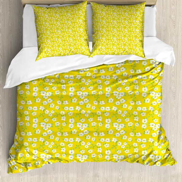 Abakuhaus Set Copripiumino Per Letti Singoli, Fiori E Foglie Di Campo, Antiacaro, Adatto A Chi Soffre Di Allergie, Con Federa, 200 Cm X 200 Cm - 80 X 80 Cm, Giallo Pallido, Bianco-image