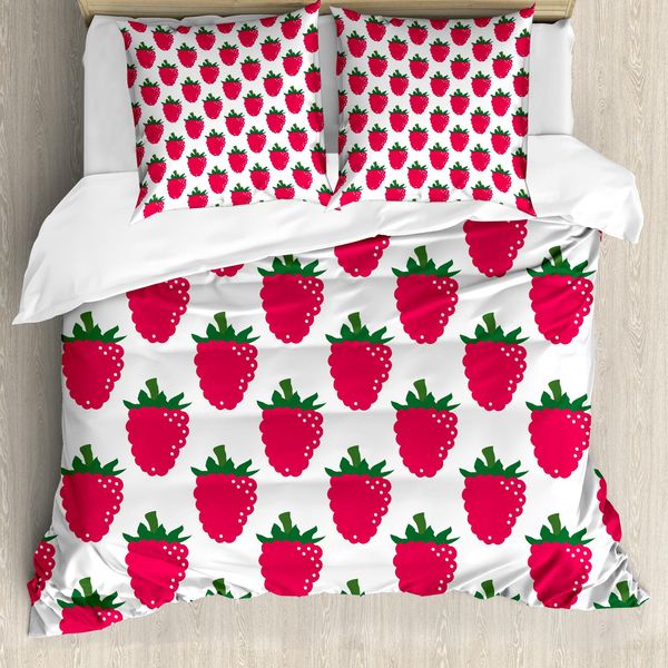 Abakuhaus Set Copripiumino Per Letti Singoli, Motivo Ripetitivo Con Lamponi, Antiacaro, Adatto A Chi Soffre Di Allergie, Con Federa, 200 Cm X 200 Cm - 80 X 80 Cm, Rosa Scuro E Verde Bosco-image