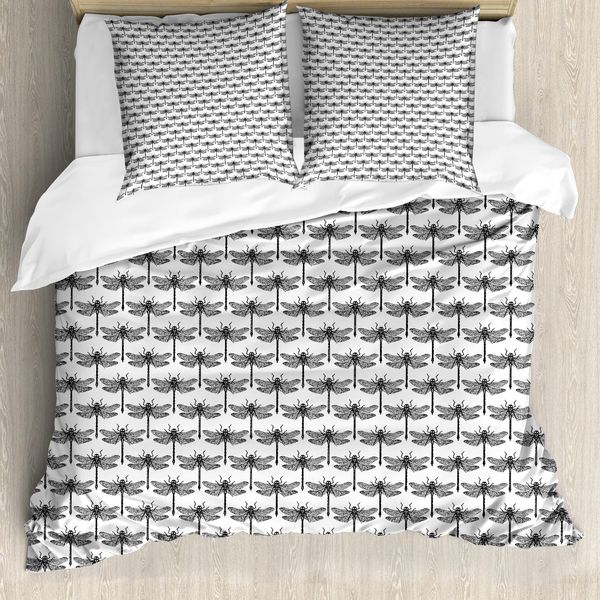 Abakuhaus Set Copripiumino Per Letto Singolo, Libellule Monocromatiche, Antiacaro, Adatto A Chi Soffre Di Allergie, Con Federa, 155 Cm X 220 Cm - 80 X 80 Cm, Grigio Antracite E Bianco-image