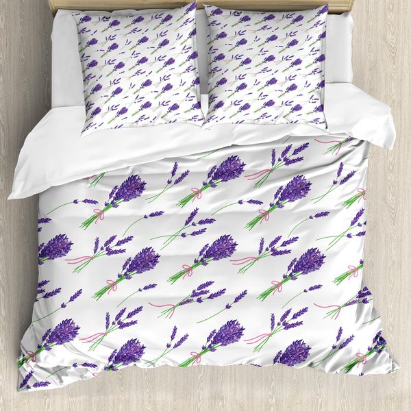 Abakuhaus Set Copripiumino Per Letto Singolo, Bouquet Di Lavanda Ripetuti, Antiacaro, Adatto A Chi Soffre Di Allergie, Con Federa, 155 Cm X 220 Cm - 80 X 80 Cm, Viola-Verde Felce-image