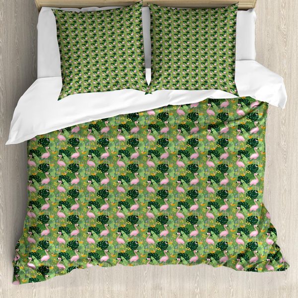 Abakuhaus Set Copripiumino Tropicale Per Letti Singoli, Fenicotteri E Foglie Di Monstera, Antiacaro, Adatto A Chi Soffre Di Allergie, Con Federa, 200 Cm X 200 Cm - 80 X 80 Cm, Multicolore-image