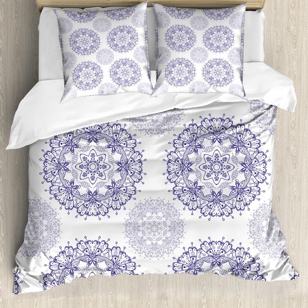 Abakuhaus Set Copripiumino Orientale Per Letti Singoli, Mandala Floreale Con Cuori, Antiacaro, Adatto A Chi Soffre Di Allergie, Con Federa, 200 Cm X 200 Cm - 80 X 80 Cm, Lavanda Scuro Bianco-image