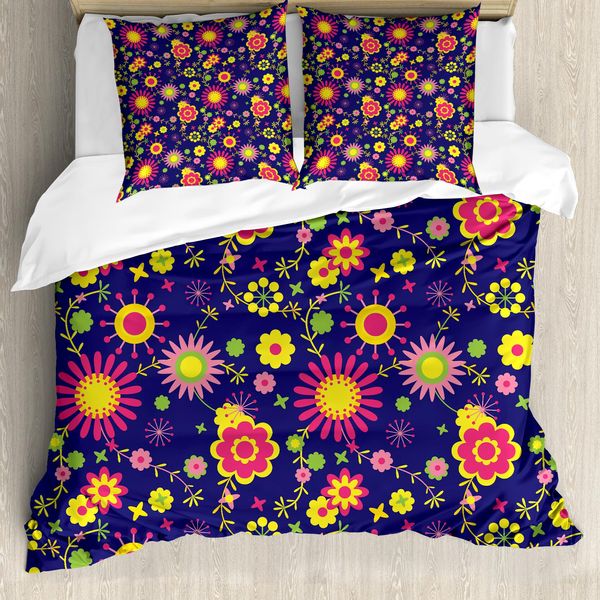 Abakuhaus Set Copripiumino Per Letti Singoli, Motivo Floreale Infantile, Antiacaro E Anallergico, Con Federa, 155 Cm X 220 Cm - 80 X 80 Cm, Indaco Multicolore-image