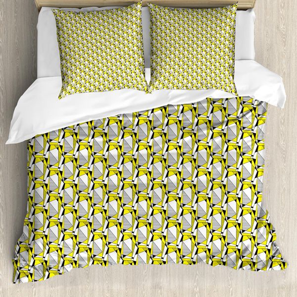 Set Copripiumino Abakuhaus Per Letti Singoli, Design Moderno Poligonale, Antiacaro, Adatto A Chi Soffre Di Allergie, Con Federa, 155 Cm X 220 Cm - 80 X 80 Cm, Giallo Coke Grigio-image