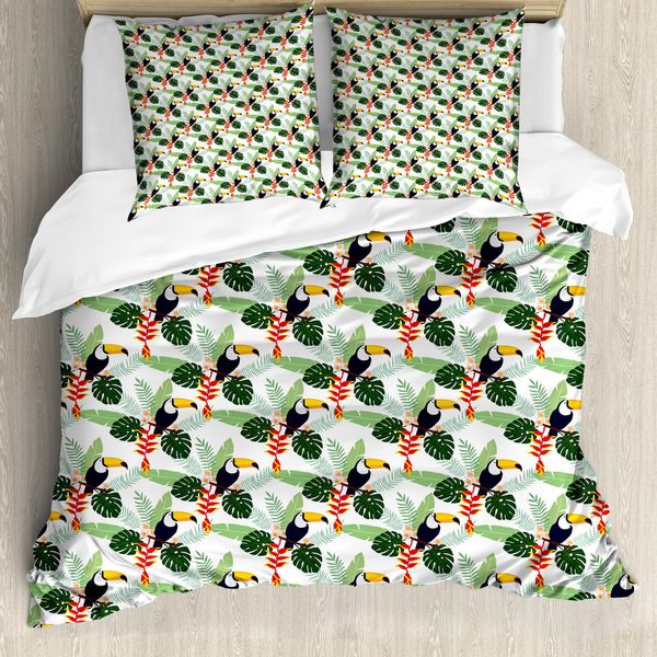Abakuhaus Set Copripiumino Tropicale Per Letti Singoli, Fiori E Uccelli Toucan, Antiacaro, Adatto A Chi Soffre Di Allergie, Con Federa, 200 Cm X 200 Cm - 80 X 80 Cm, Multicolore-image