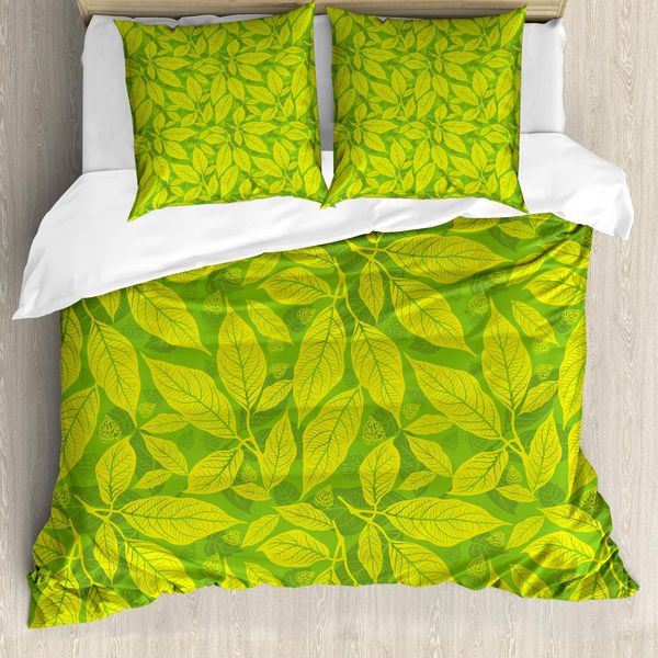 Abakuhaus Set Copripiumino Botanico Per Letti Singoli, Foglie Artificiali Naturali Ecologiche, Antiacaro, Adatto A Chi Soffre Di Allergie, Con Federa, 200 Cm X 200 Cm - 80 X 80 Cm, Verde Lime Giallo Verde-image