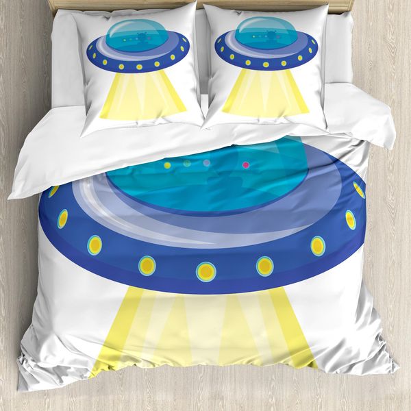 Abakuhaus Set Copripiumino Extraterrestre Per Letti Singoli, Ufo Oggetto Volante Non Identificato, Antiacaro, Adatto A Chi Soffre Di Allergie, Con Federa, 155 Cm X 220 Cm - 80 X 80 Cm, Bianco Multicolore-image
