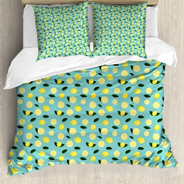 Abakuhaus Set Copripiumino Per Letto Singolo, Fette Di Agrumi, Arte Ritmica, Antiacaro, Adatto A Chi Soffre Di Allergie, Con Federa, 155 Cm X 220 Cm - 80 X 80 Cm, Smeraldo Pastello Giallo-image