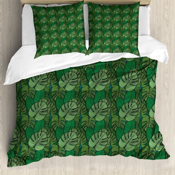 Abakuhaus Set Copripiumino Philodendron Per Letti Singoli, Tonalità Scura Monstera, Antiacaro, Adatto A Chi Soffre Di Allergie, Con Federa, 200 Cm X 200 Cm - 80 X 80 Cm, Verde Giada-Verde Felce-image