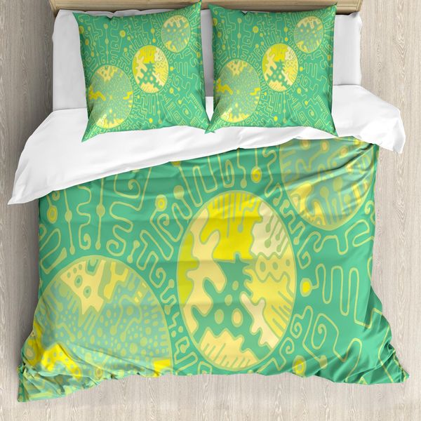 Abakuhaus Set Copripiumino Astratto Surreale Per Letti Singoli, Scarabocchi, Antiacaro, Adatto A Chi Soffre Di Allergie, Con Federa, 200 Cm X 200 Cm - 80 X 80 Cm, Verde Trifoglio Giallo-image