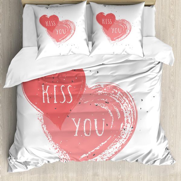 Abakuhaus Set Copripiumino Vintage Valentine Per Letti Singoli, Cuori Kiss You, Antiacaro, Adatto A Chi Soffre Di Allergie, Con Federa, 155 Cm X 220 Cm - 80 X 80 Cm, Corallo Scuro Rosa Pallido-image