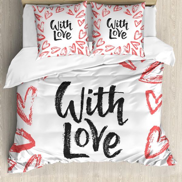Abakuhaus Set Copripiumino Vintage Valentine Per Letti Singoli, Cuori Dell'amore, Antiacaro, Adatto A Chi Soffre Di Allergie, Con Federa, 200 Cm X 200 Cm - 80 X 80 Cm, Corallo Scuro Grigio Carbone-image
