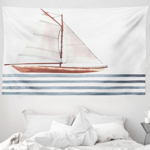 Abakuhaus Arazzo Nautico, Tema Barca A Vela Onde In Morbido Tessuto Microfibra Lavabile Senza Scolorimento Stampa Digitale, 230 X 140 Cm, Cannella Azzurro Pallido-image