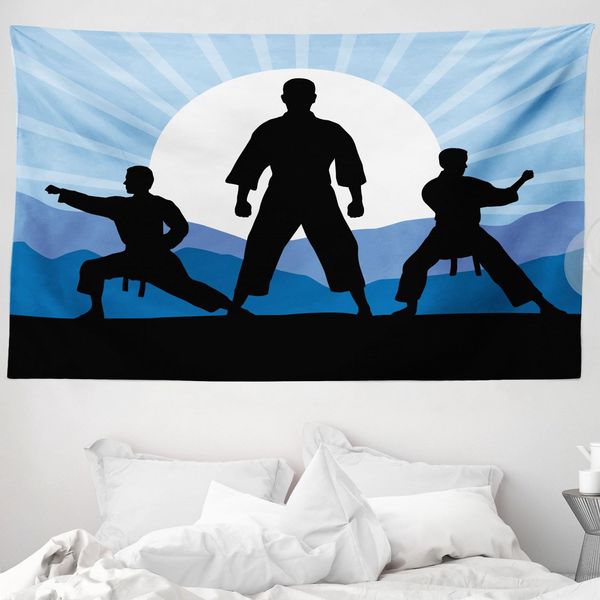 Abakuhaus Arazzo Kung Fu, Silhouette Di Uomini Che Praticano Karate Sole In Morbido Tessuto In Microfibra Lavabile Senza Scolorimento Stampa Digitale, 230 X 140 Cm, Blu Cielo Grigio-image