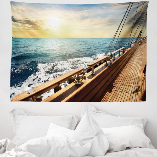 Abakuhaus Arazzo Nautico, Barca A Vela Tramonto Mare In Morbido Tessuto Microfibra Lavabile Senza Scolorimento Stampa Digitale, 150 X 110 Cm, Crema E Blu-image