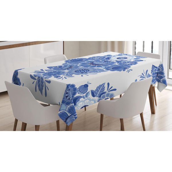 Abakuhaus Tovaglia Floreale, Mosaico Floreale Vintage, Resistente Allo Sporco, Facile Da Pulire, Lavabile, Stampa Con Colori Vivaci Che Non Sbiadiscono, 140 X 200 Cm, Blu Notte E Bianco-image